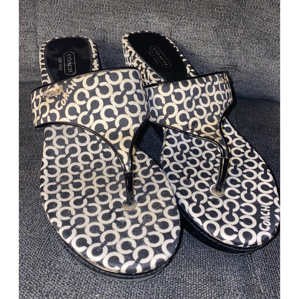 Womens Coach Felecia Wedge Thong Black and White Logo Sandals Size 9.5